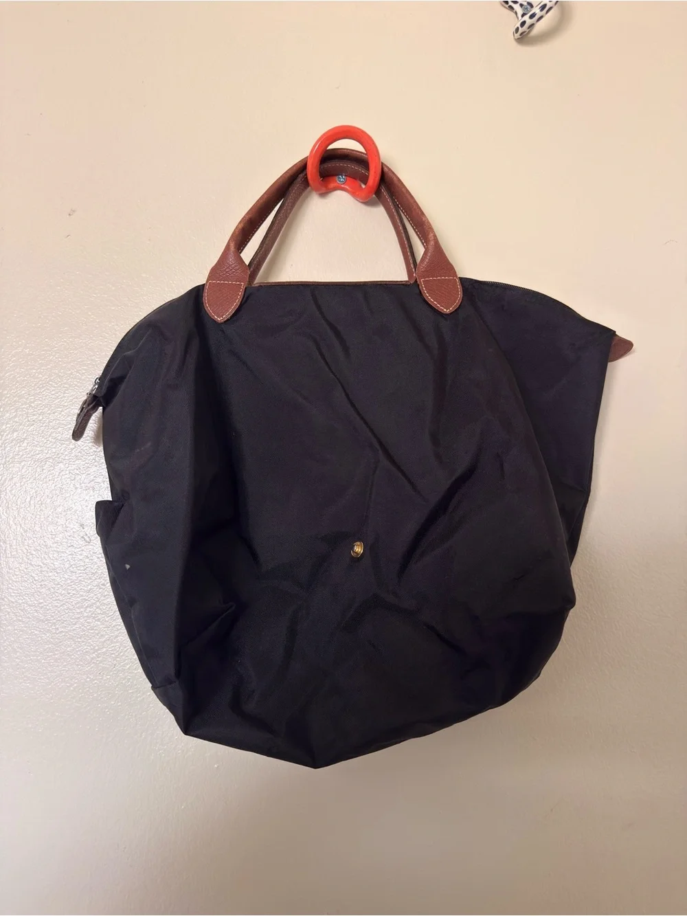 Longchamp Black Nylon Tote with Brown Leather Trim